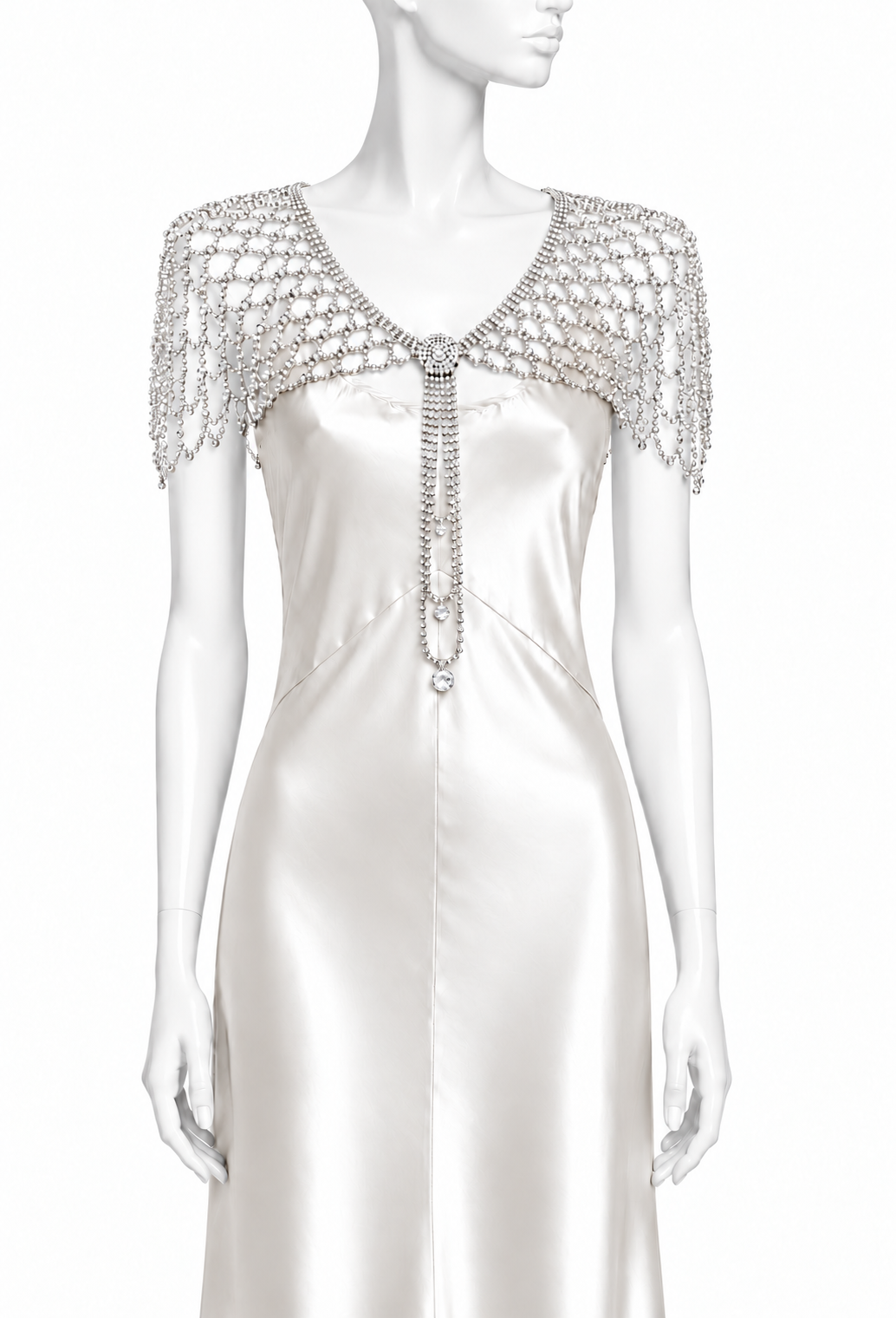 Silver rhinestone capelet with draped chain fringe