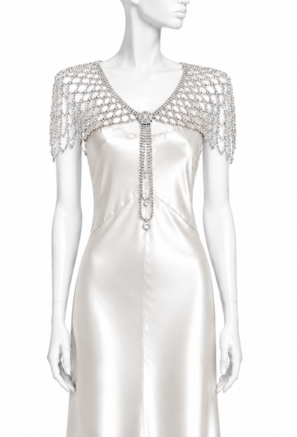 Silver rhinestone capelet with draped chain fringe