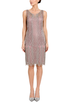 Rose-pink sleeveless shift dress with vertical beaded lines and fringe hem