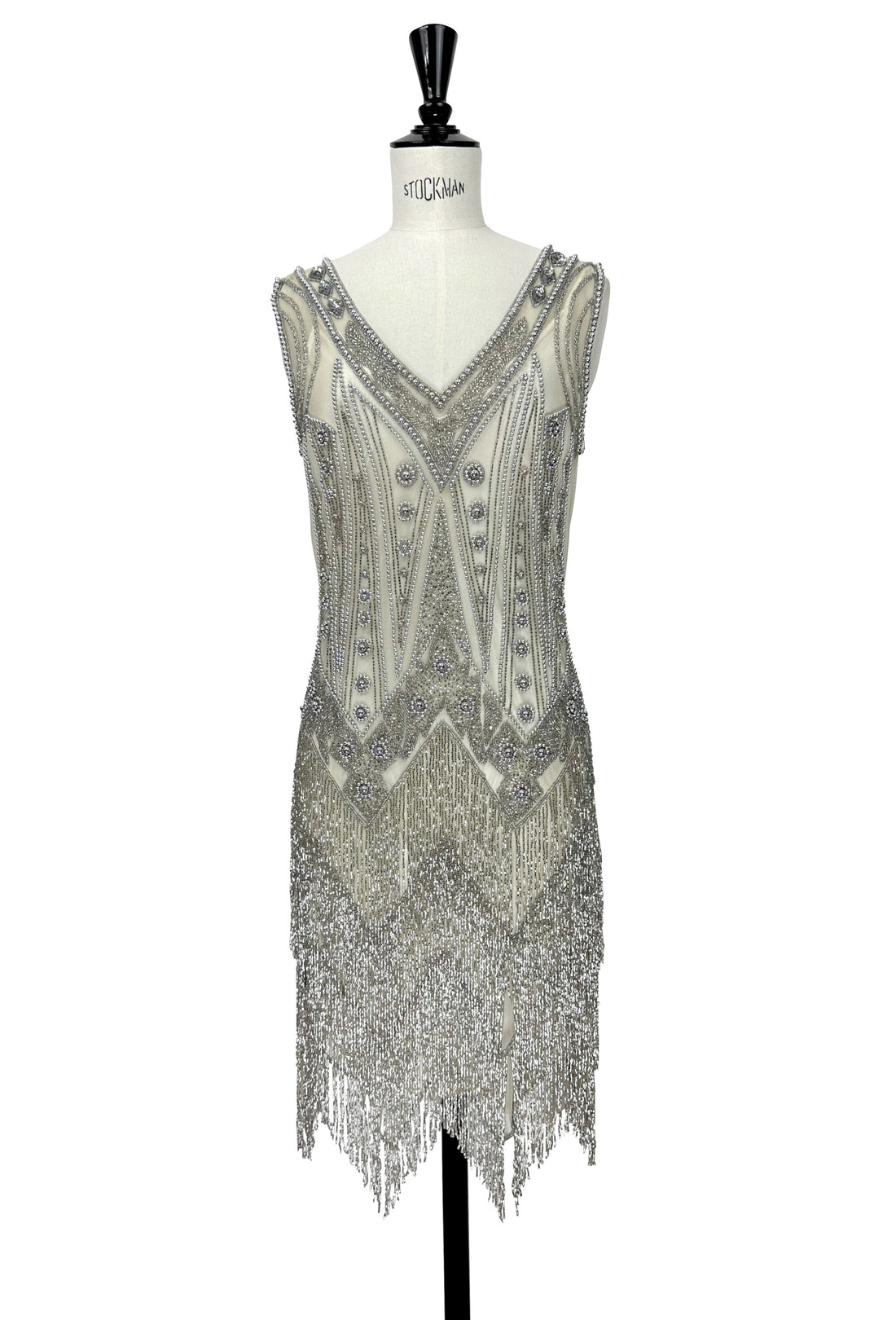 Beaded V-neck sleeveless gown with fringe hem, silver-gray on mannequin