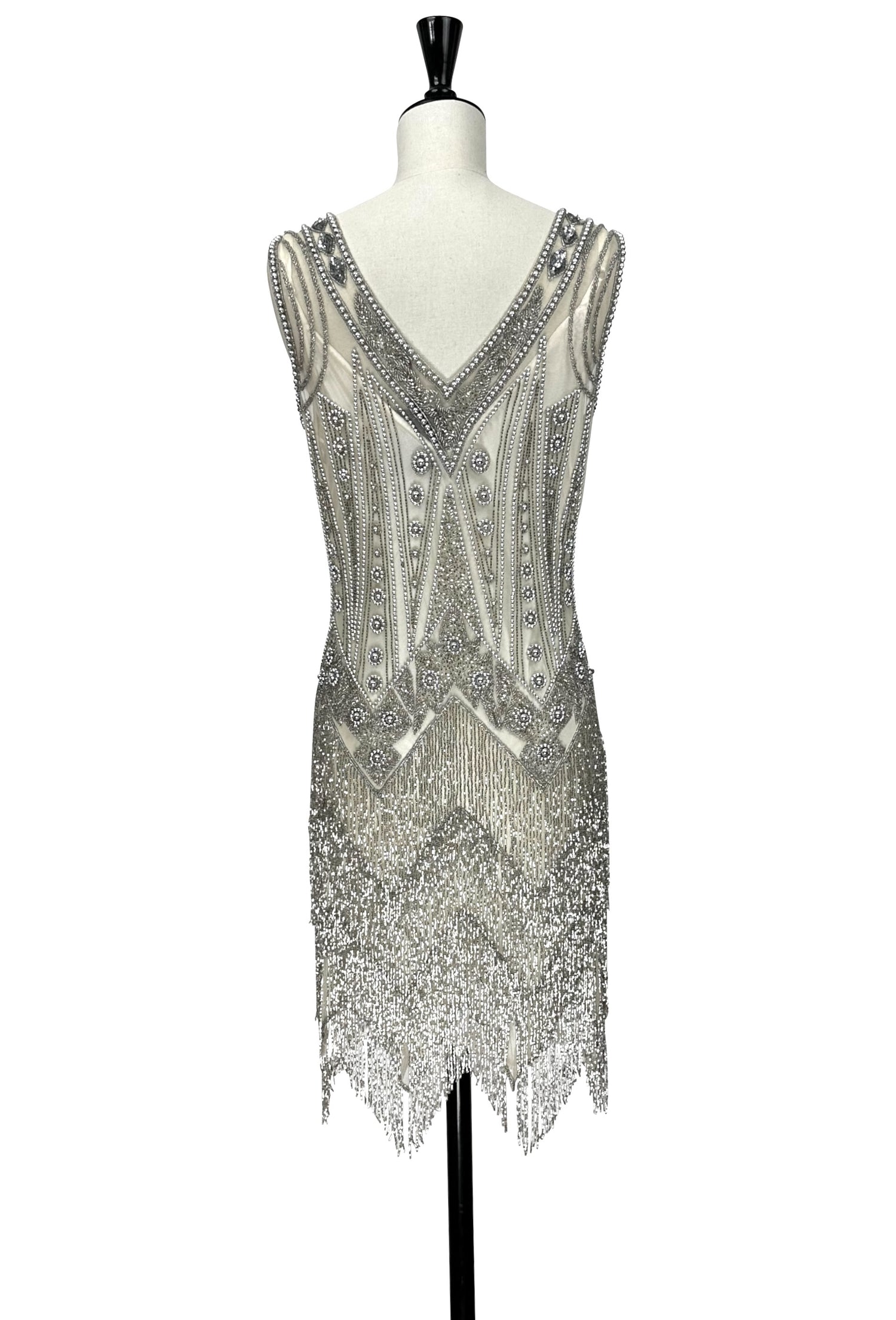 Beaded sleeveless low V-back gown in silver-gray with fringe hem