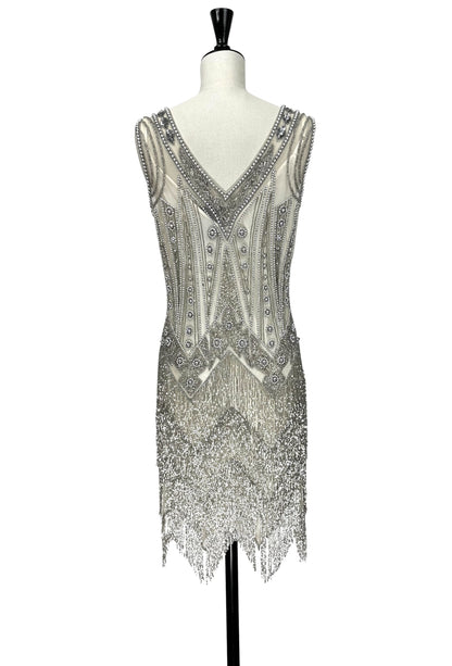 Beaded sleeveless low V-back gown in silver-gray with fringe hem