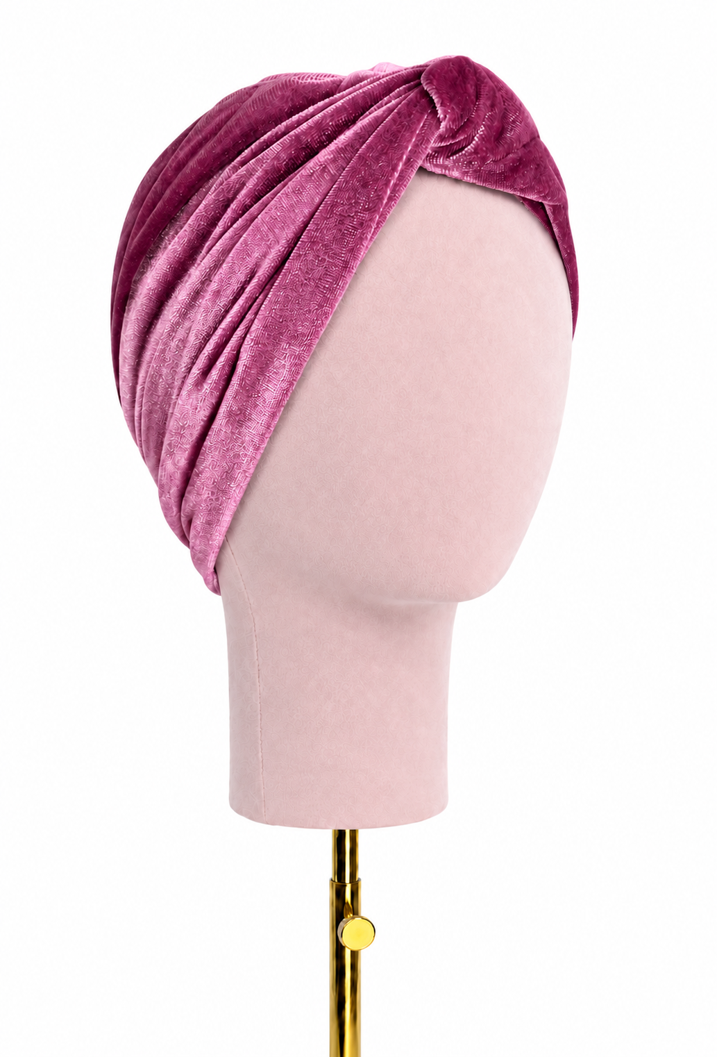Velvet twist turban in raspberry pink, draped wrap with knotted side detail