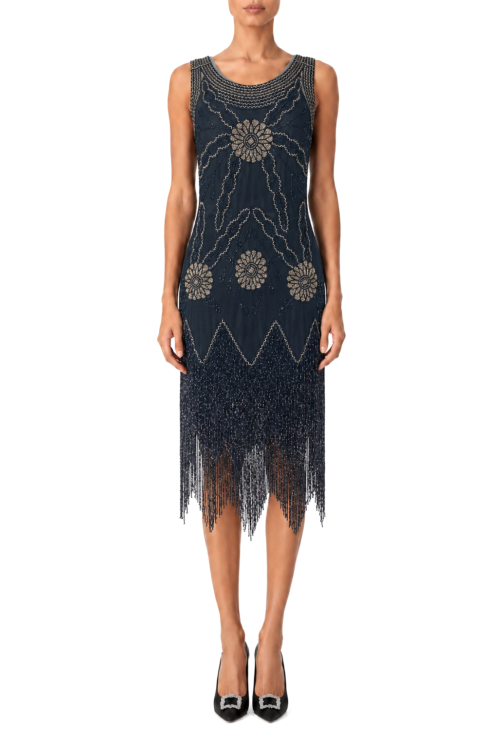Dark navy beaded sleeveless midi dress with gold floral embroidery and dangling fringe hem