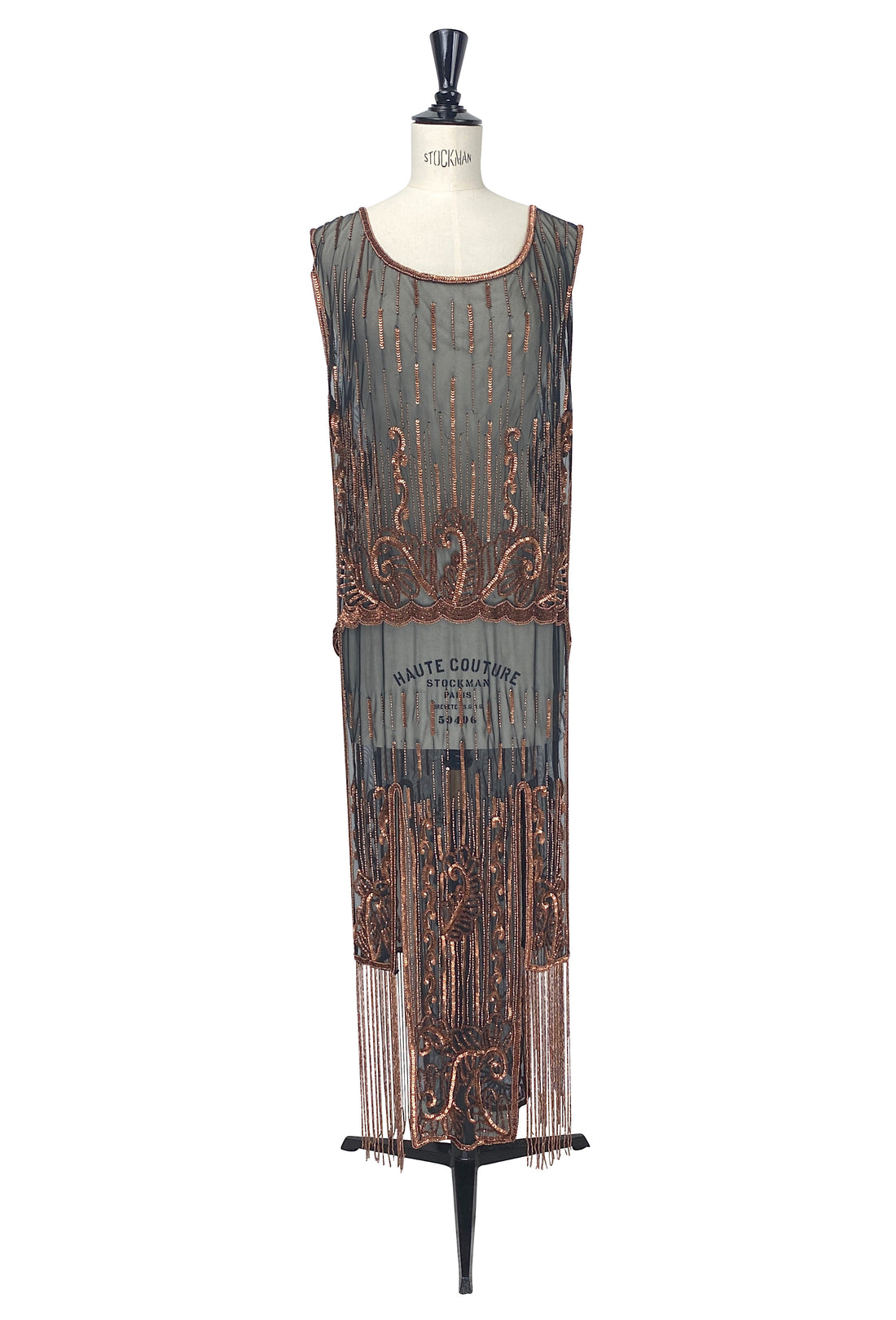 The Epiphany Art Deco Tabard Fringe Panel Gown - Black Copper The Deco Haus