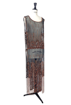 The Epiphany Art Deco Tabard Fringe Panel Gown - Black Copper