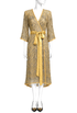 Gold geometric wrap midi dress with V-neck, waist sash tie, and scalloped hem