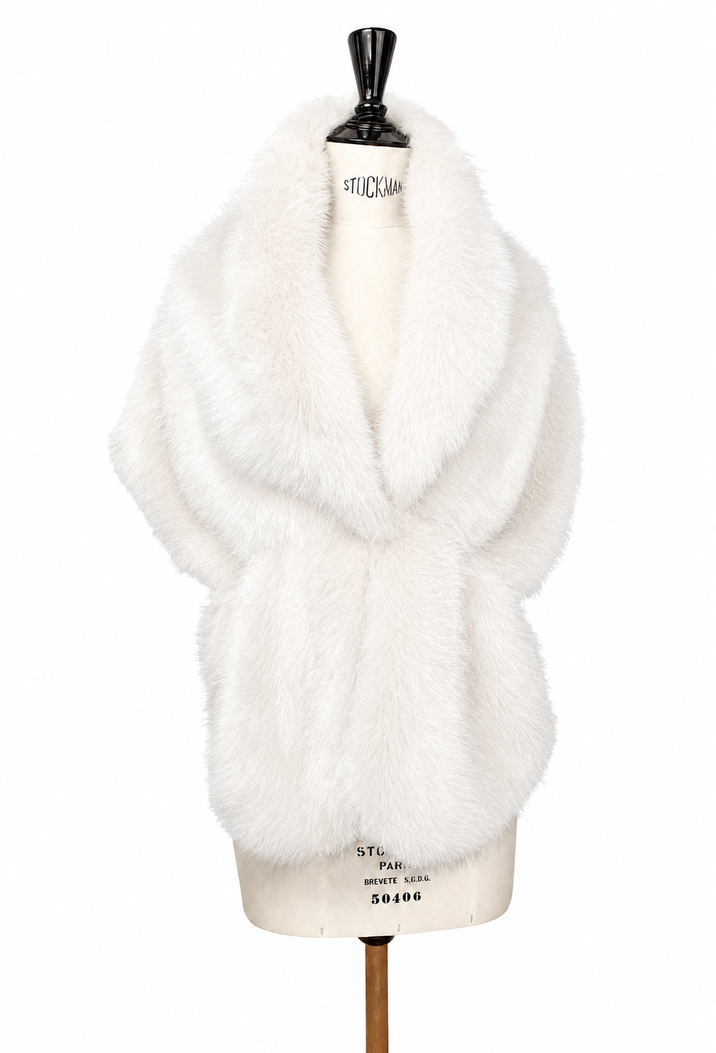 White faux fur stole with soft wrap drape on mannequin