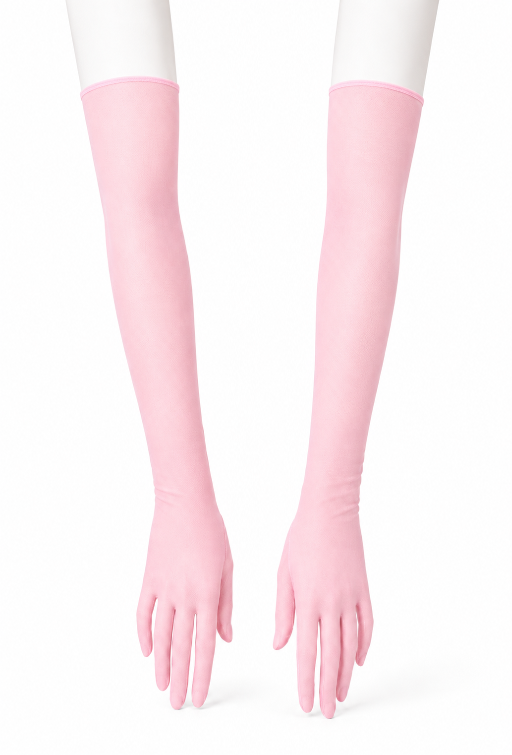 Light pink opera glove sleeves, fitted long style covering hands and forearms