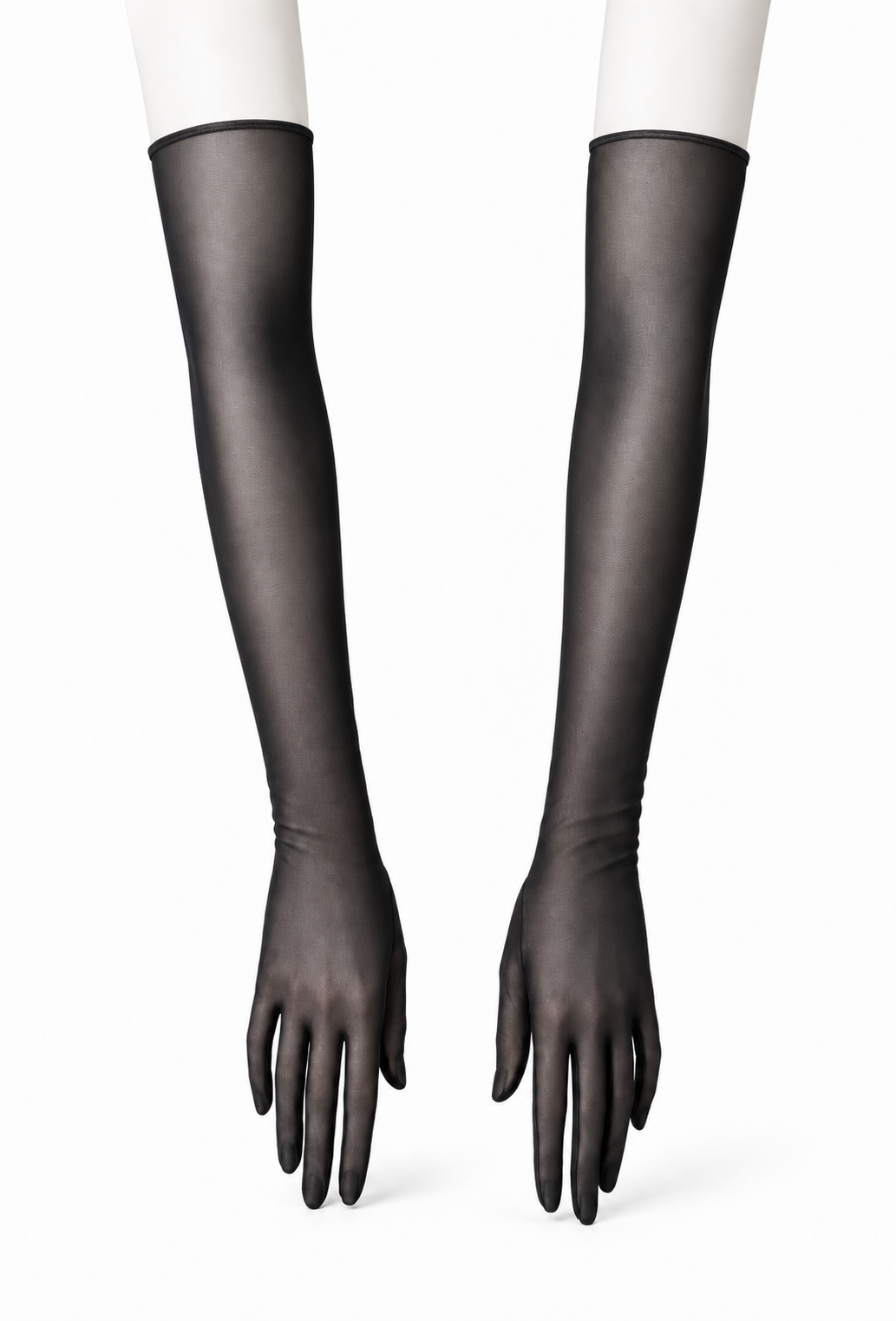 Jet black opera-length gloves with smooth sheen, fitted over the forearms to the wrists