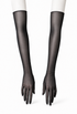 Jet black opera-length gloves with smooth sheen, fitted over the forearms to the wrists