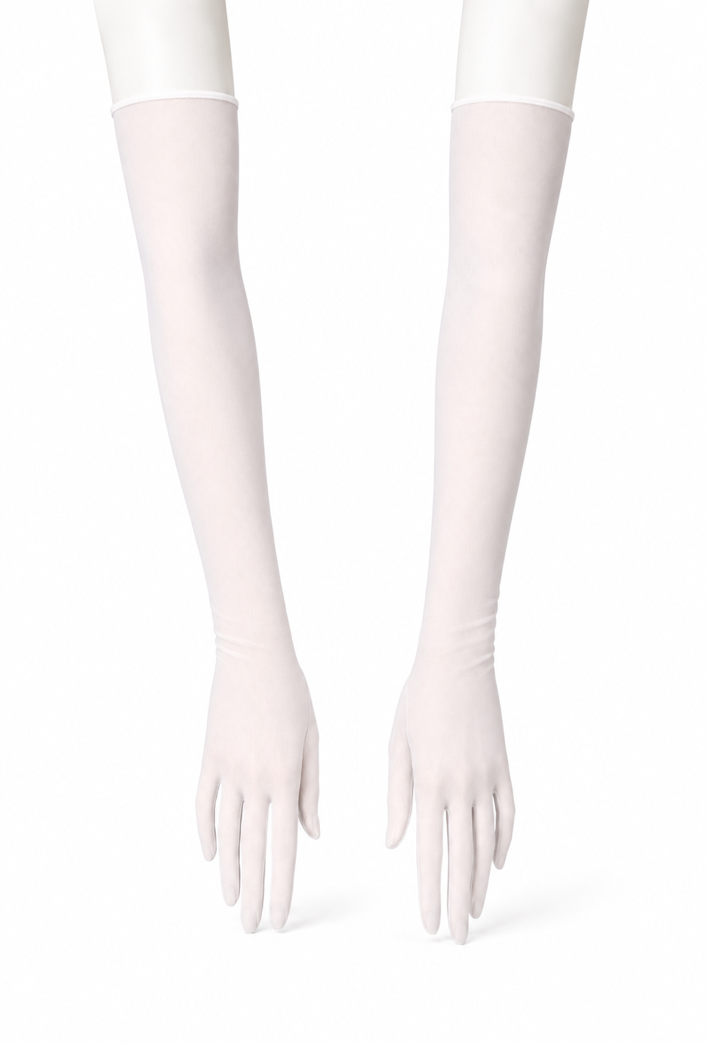 Elbow-length white opera gloves with fitted sleeves and open hand