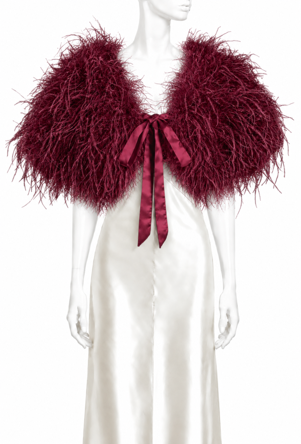 The Harlow plume mantle in bordeaux, with dark bow front and fluffy feather trim