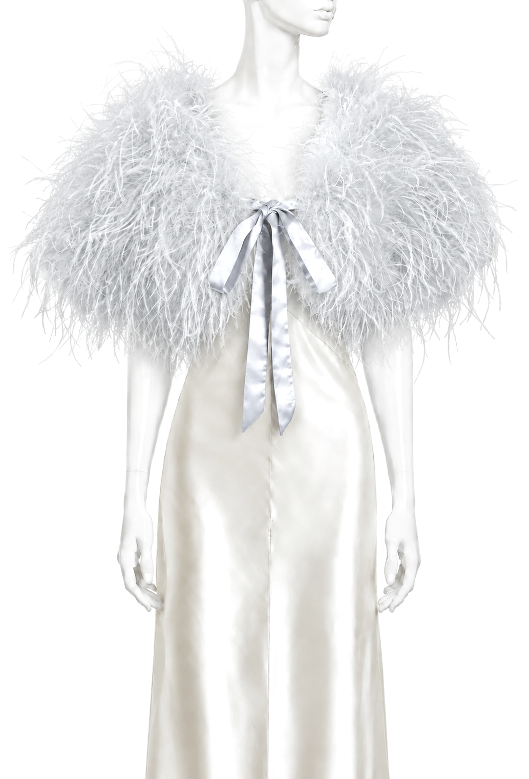Silver feather plume mantle with front tie bow for formal wear