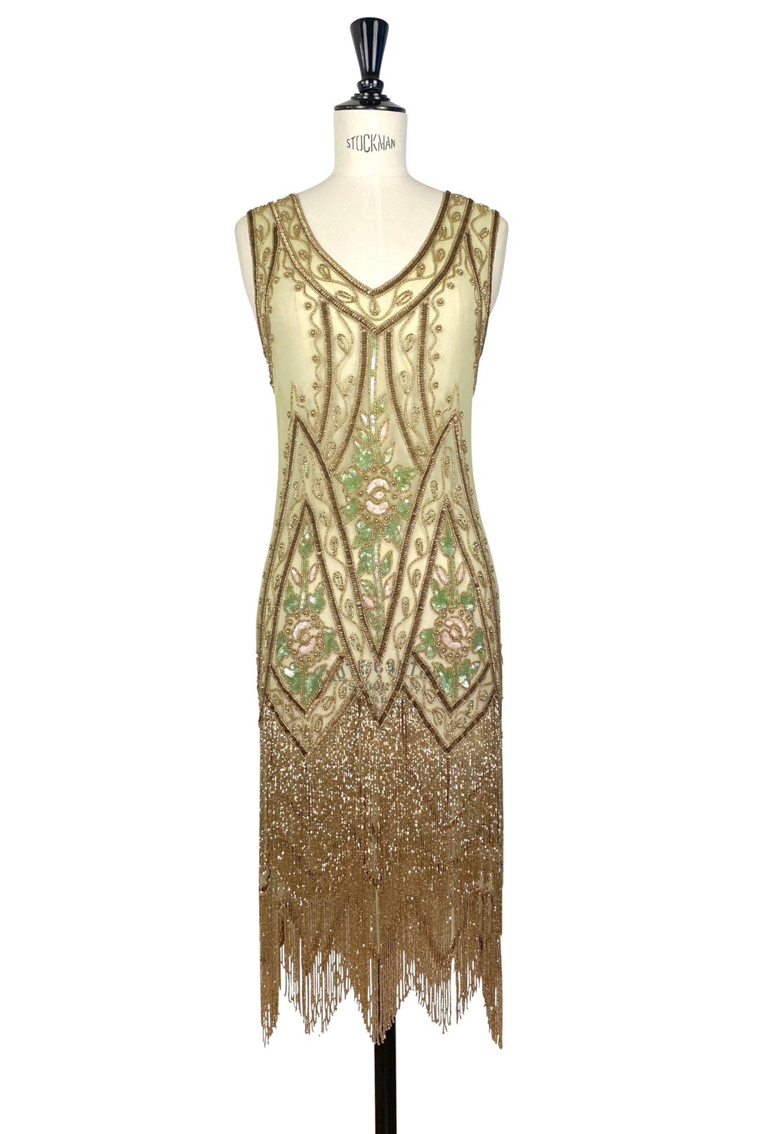 Gold beaded sleeveless dress with green vine embroidery and long fringe hem