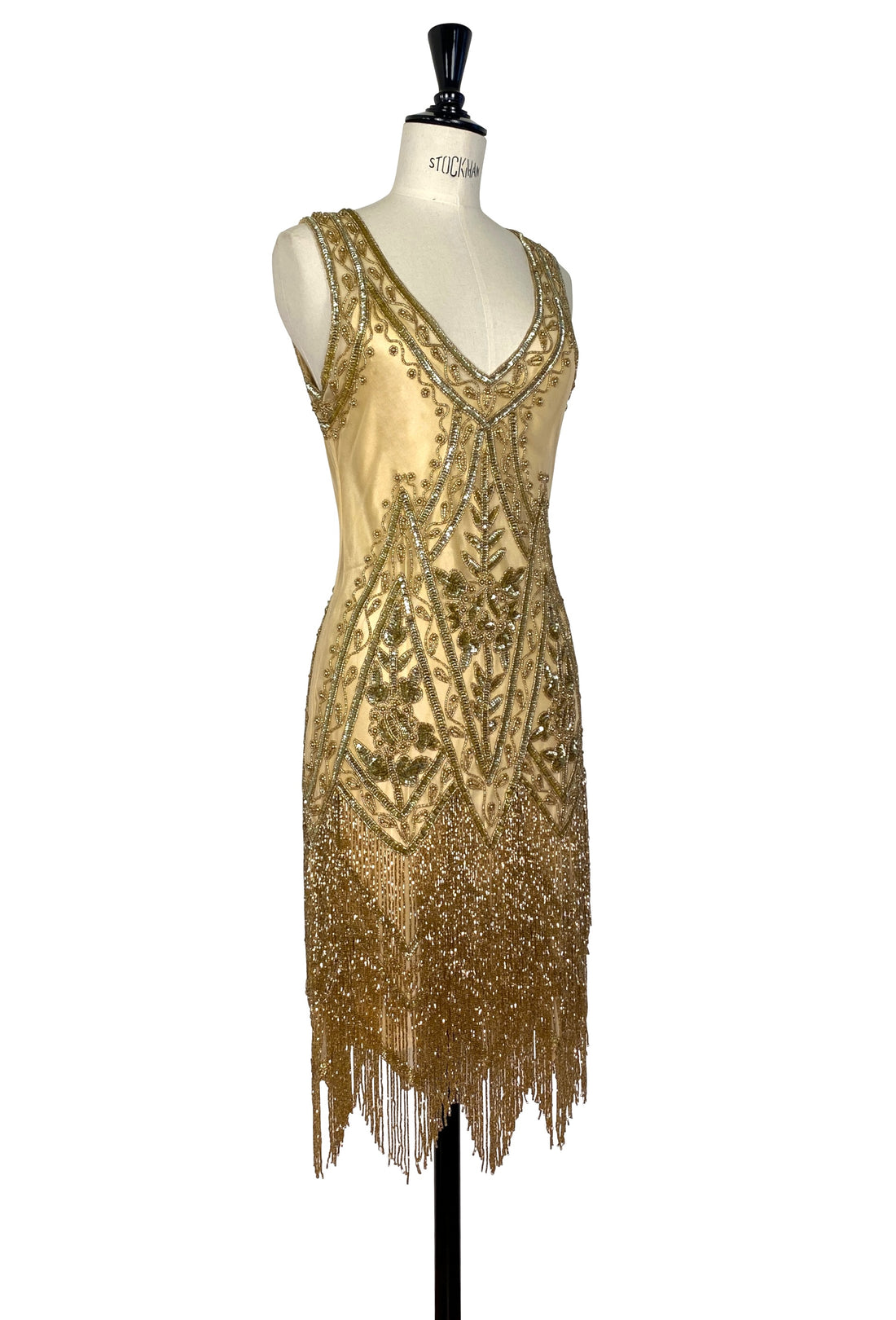 Gold sequin beaded V-neck sleeveless gown with fringe hem