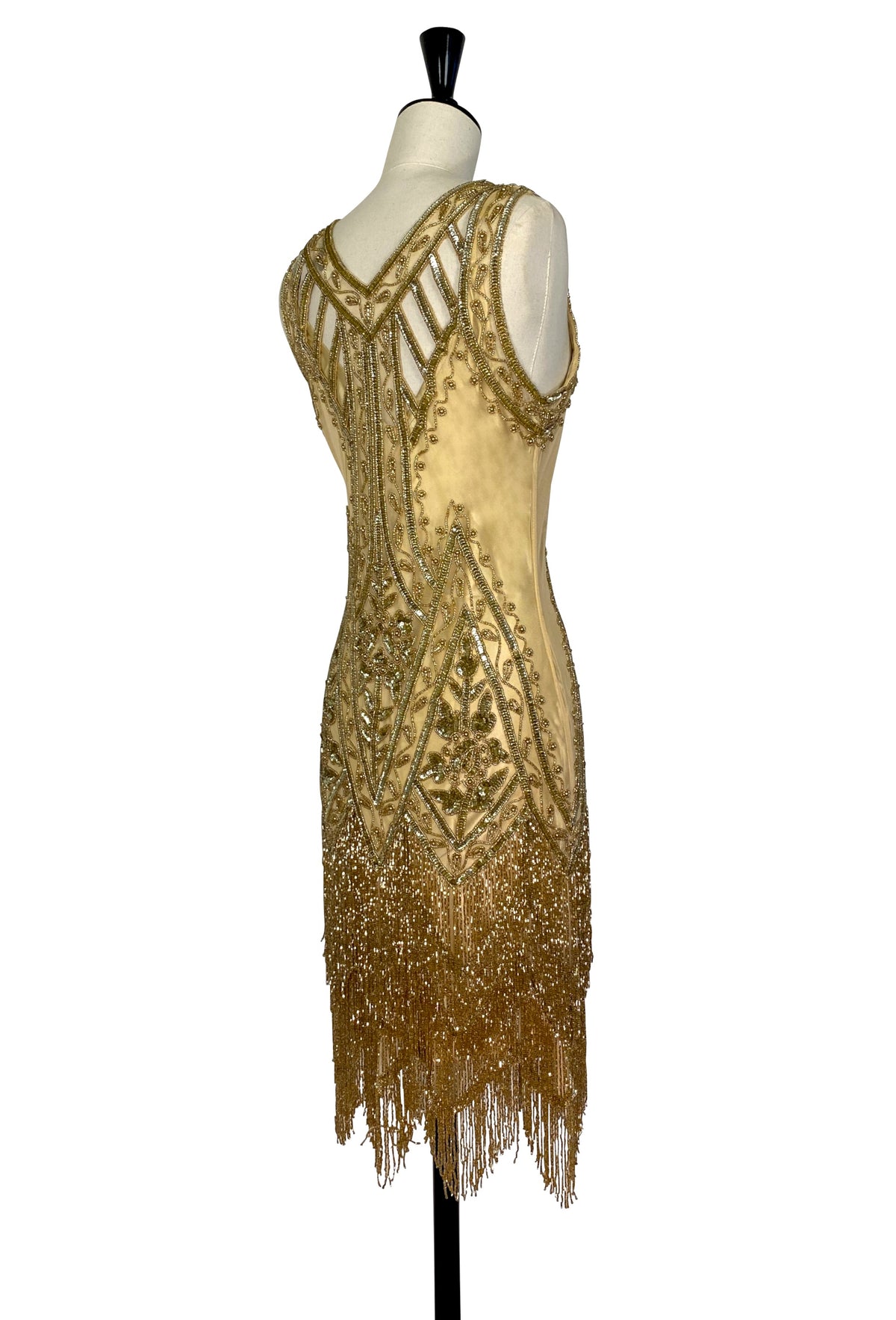 Gold beaded sequin gown with open back and fringe hem