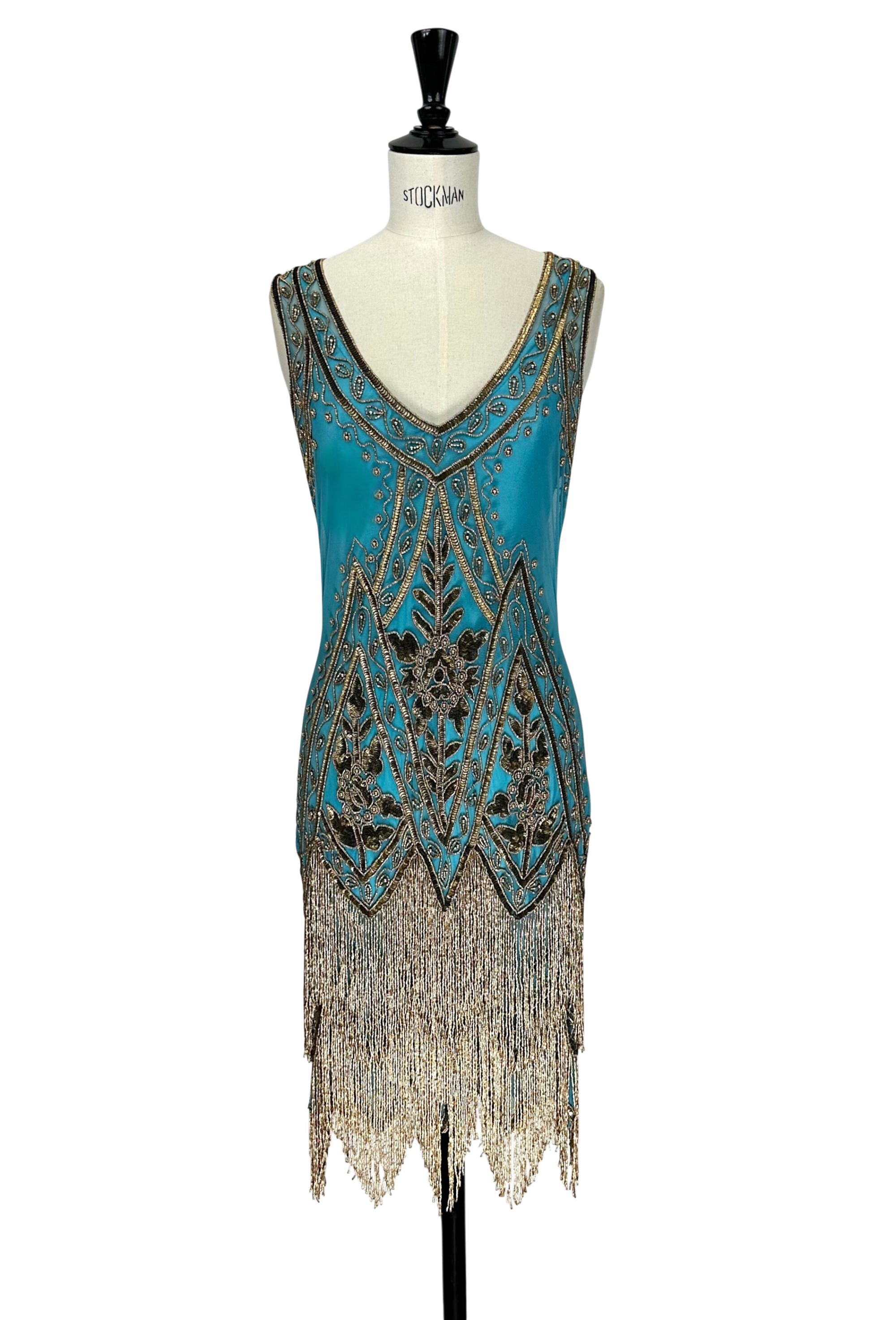 Sleeveless teal beaded gown with gold geometric neckline and long fringe hem