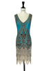 Sleeveless teal beaded gown with gold geometric neckline and long fringe hem
