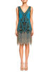 Teal beaded V-neck gown with gold-tone trim and layered fringe hem