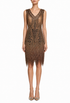 Cocoa shimmer sleeveless V-neck beaded gown with fringe hem, worn on model
