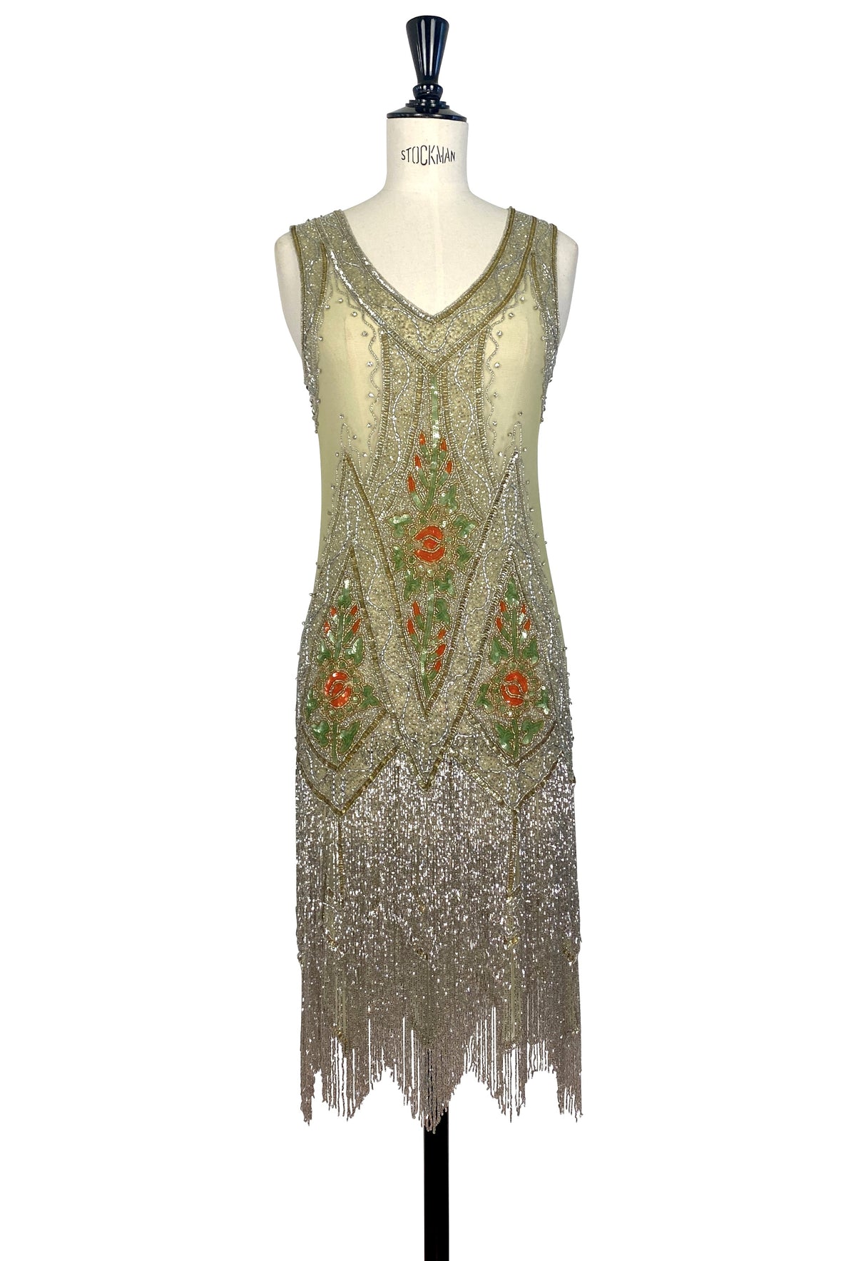 Icon gown Jardin, sleeveless V-neck fringe hem with gold sequins and floral embroidery