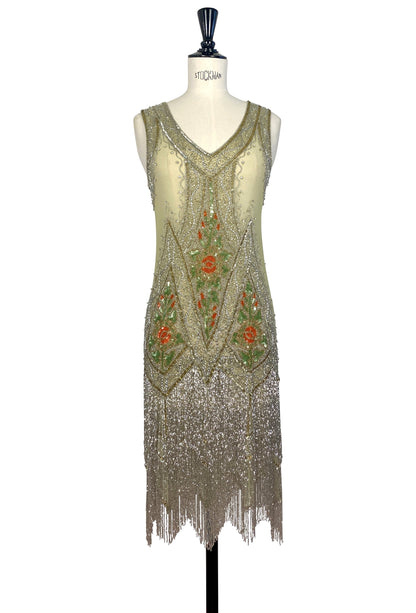 Icon gown Jardin, sleeveless V-neck fringe hem with gold sequins and floral embroidery