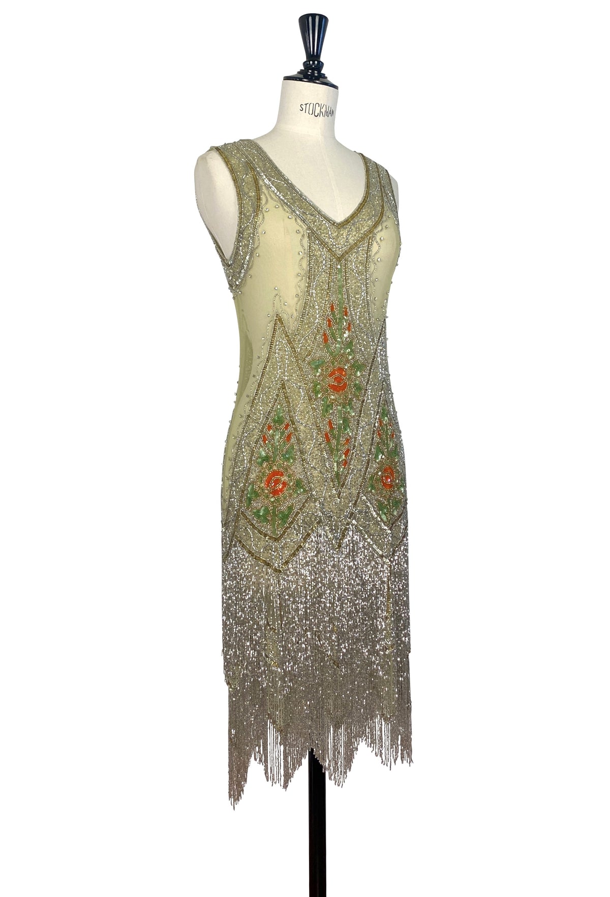 Icon gown Jardin, sleeveless shift silhouette with gold sequins and red and green floral beading