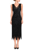 Black V-neck beaded sleeveless midi dress with scalloped fringe hem.