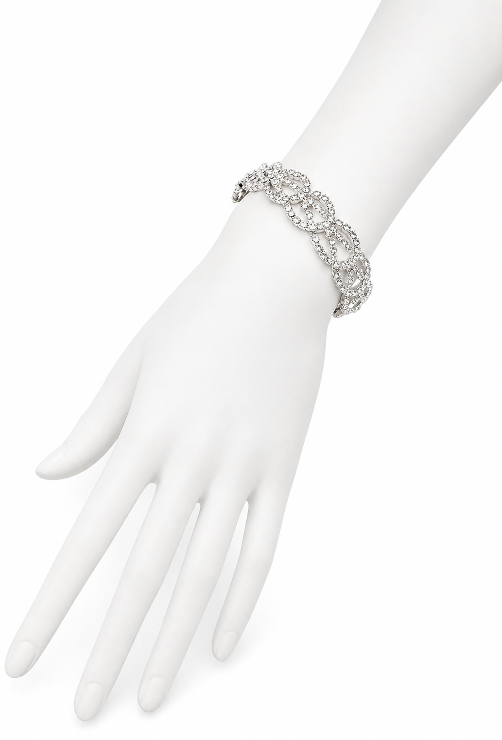 Palladium crystal interlock bracelet on hand, sparkling link chain cuff