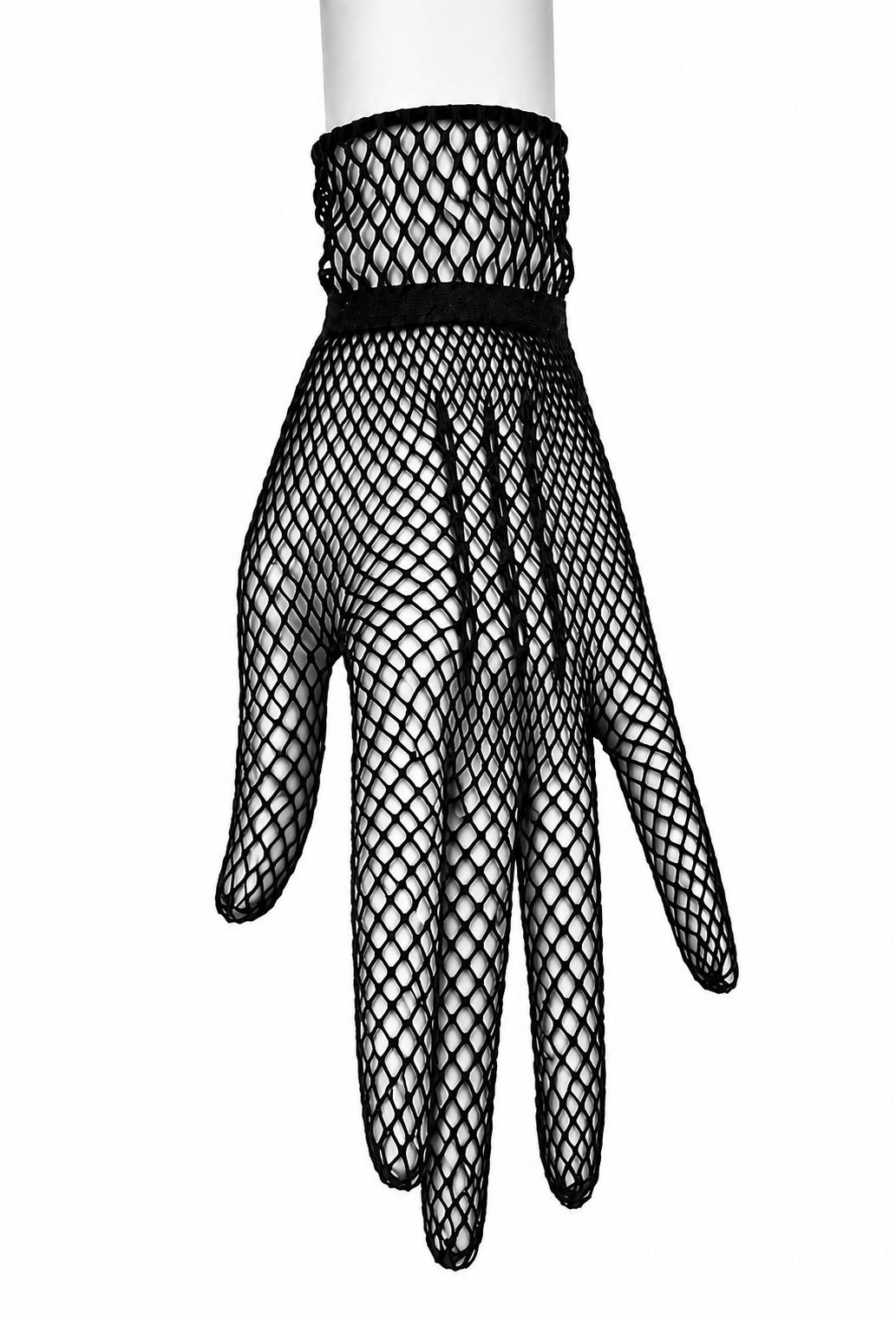 Jet black fishnet driving gloves with openwork mesh and long finger coverage
