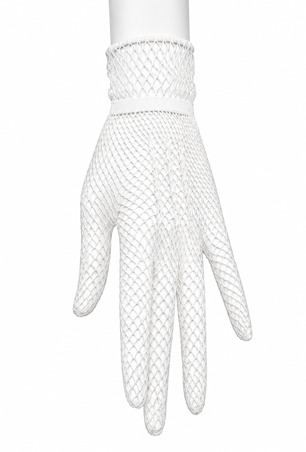 Pearl white fishnet driving gloves with finger openings and elastic cuffs