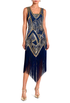 Embellished sapphire-blue beaded gown with V-neck and fringe hem