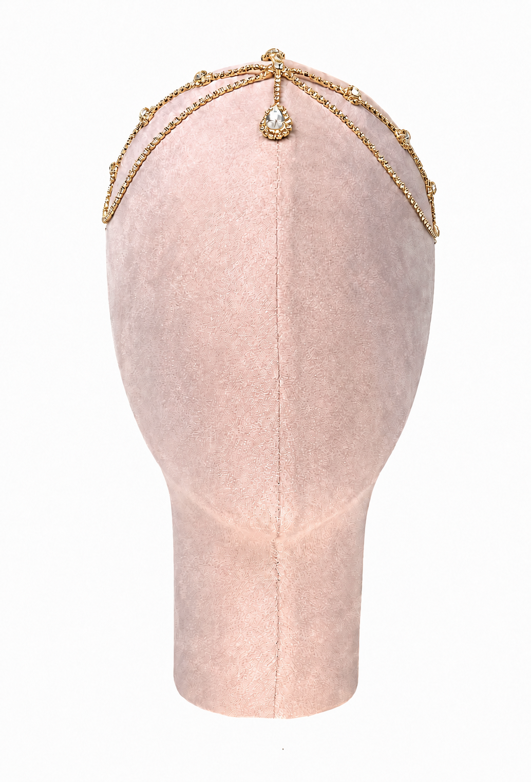 Gold crystal halo headband with centered teardrop crystal and chain arcs