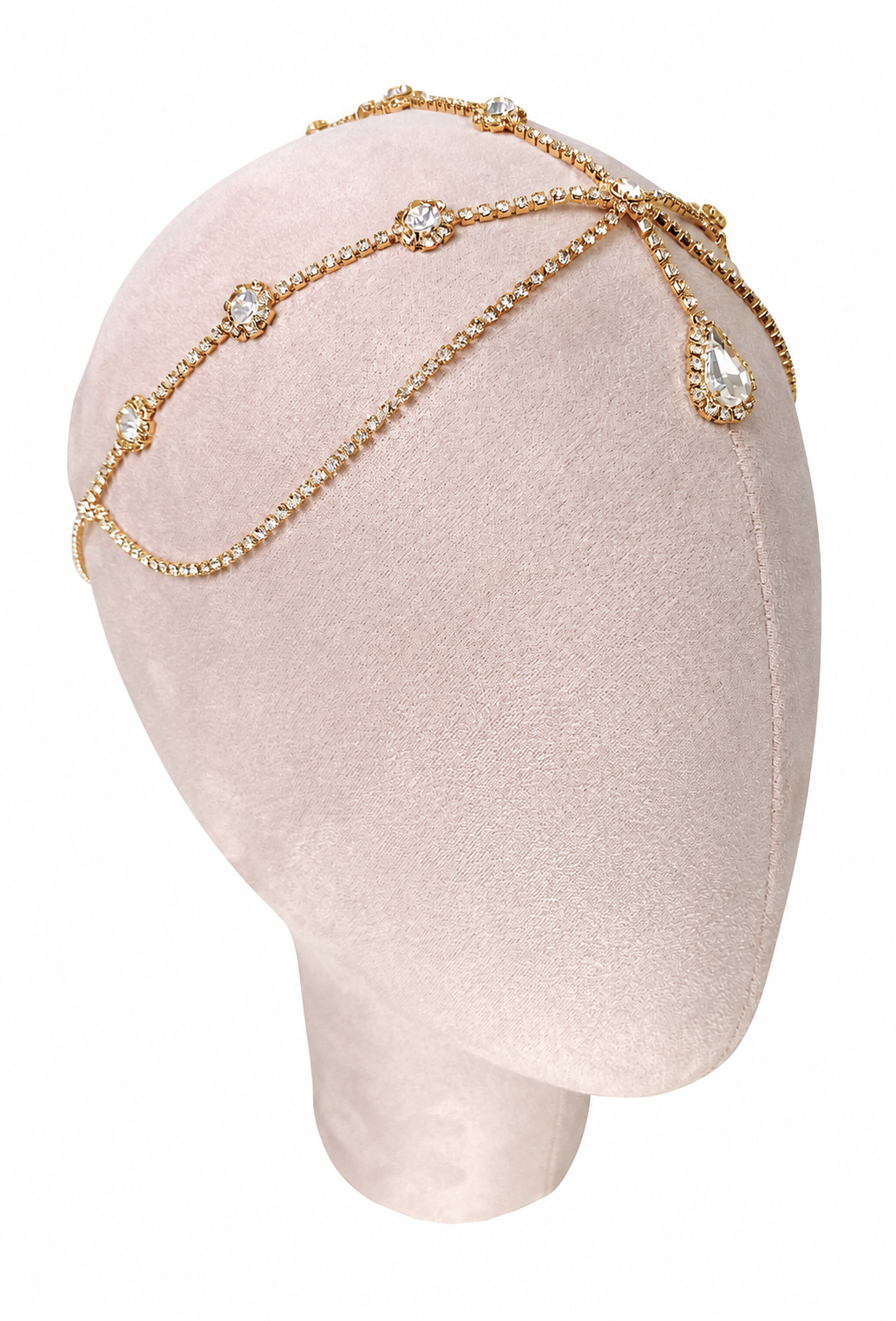 Gold chain crystal halo headband with side teardrop drops and link strands