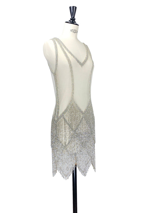 The Louise Brooks Celebrity Beaded Mesh 1920's Gown - Silver Cloud