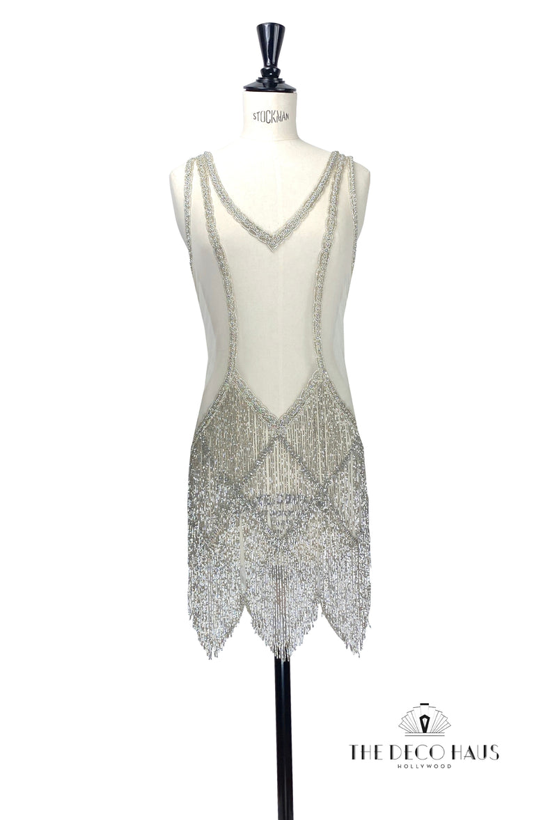 The Louise Brooks Celebrity Beaded Mesh 1920's Gown - Silver Cloud