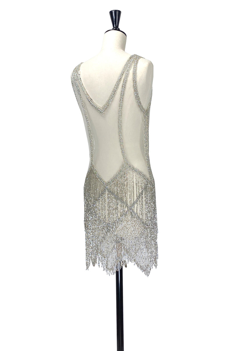 The Louise Brooks Celebrity Beaded Mesh 1920's Gown - Silver Cloud