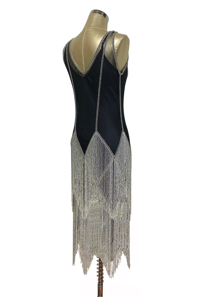 The Louise Brooks Celebrity Beaded Mesh 1920's Gown - Silver on Black