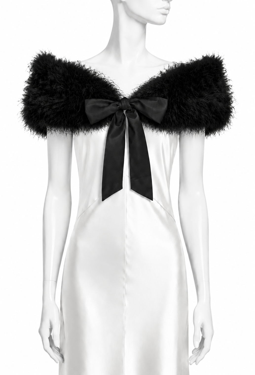 Feather plume tippet with off-shoulder fluffy black trim and black satin bow