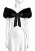 Feather plume tippet with off-shoulder fluffy black trim and black satin bow
