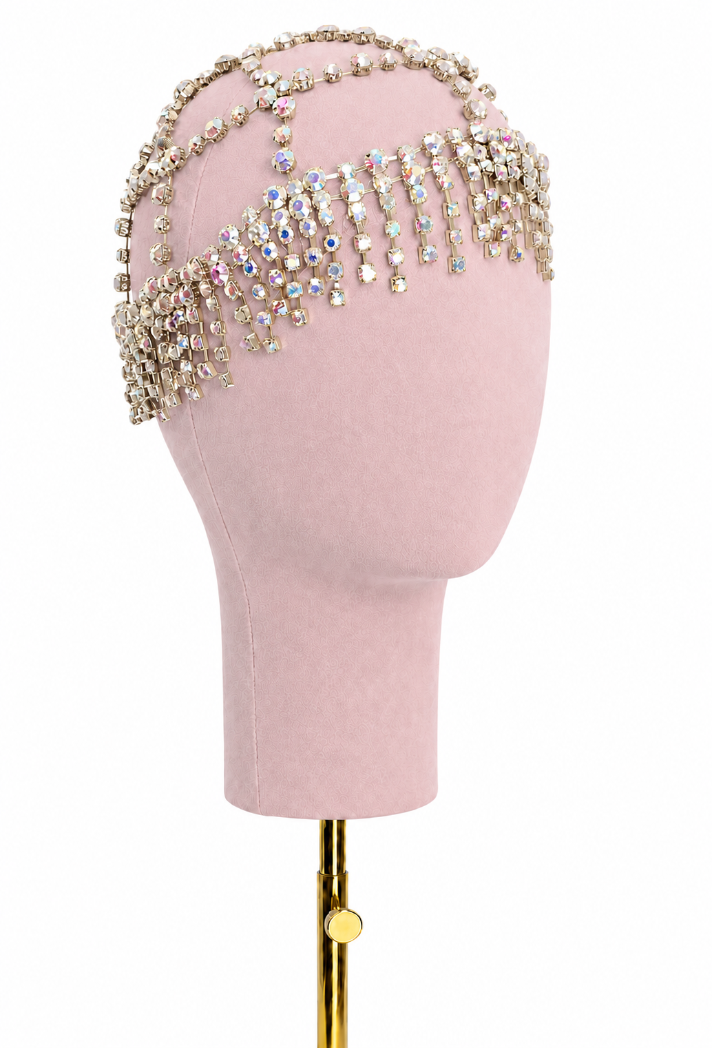 Iridescent gold crystal fringe halo headpiece on pink fabric head form