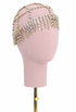 Iridescent gold crystal fringe halo headpiece on pink fabric head form