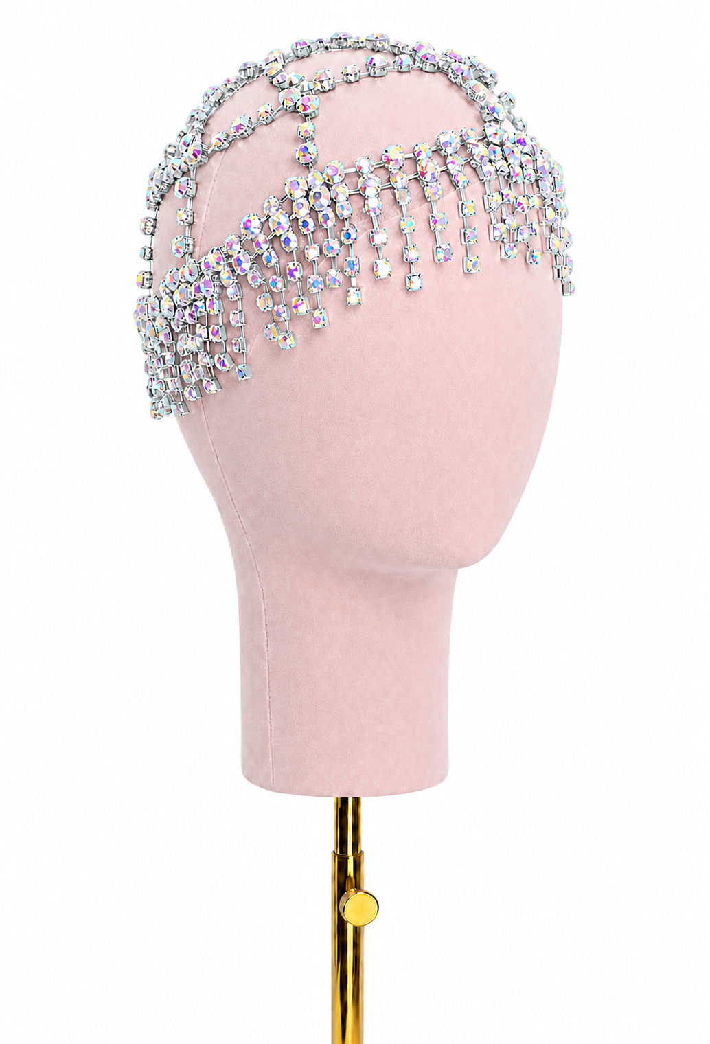 Iridescent silver crystal fringe halo headband with dangling bead drops on curved band.