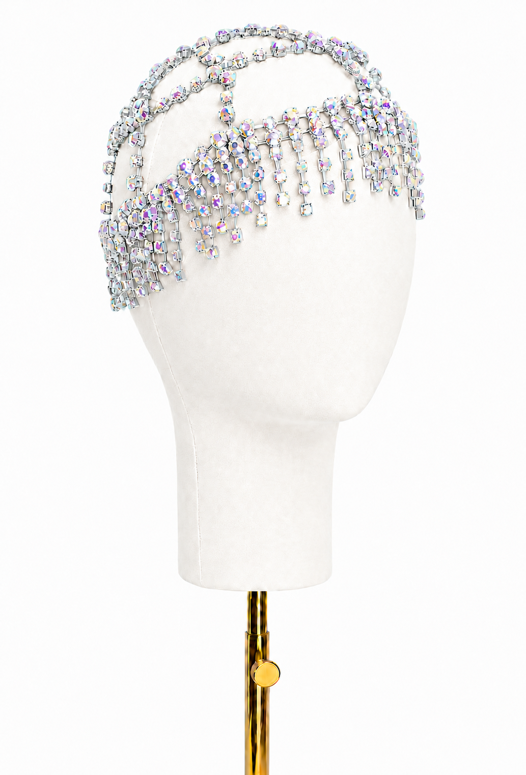 Iridescent silver crystal fringe halo headpiece with dangling bead strands