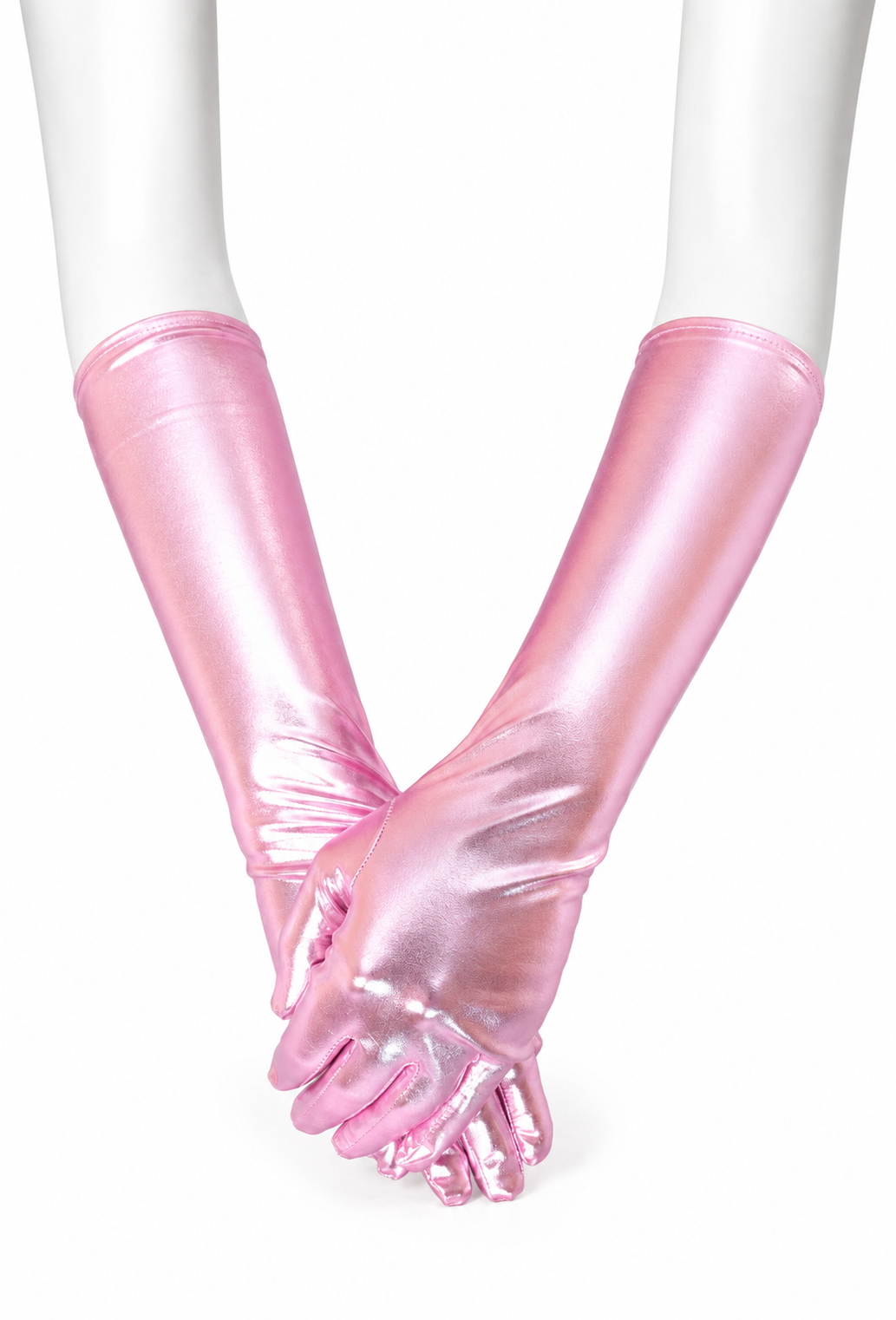 Vintage pink metallic opera gloves with full-finger coverage and satin-like shine