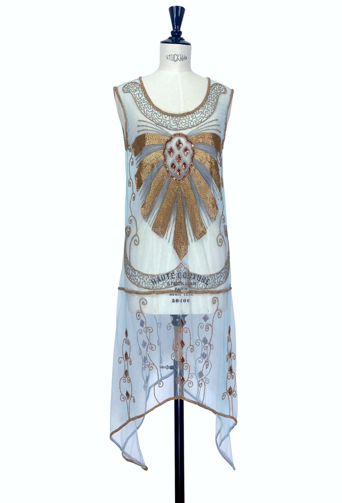 Sleeveless turquoise overlay dress with gold embroidered detailing and beaded neckline