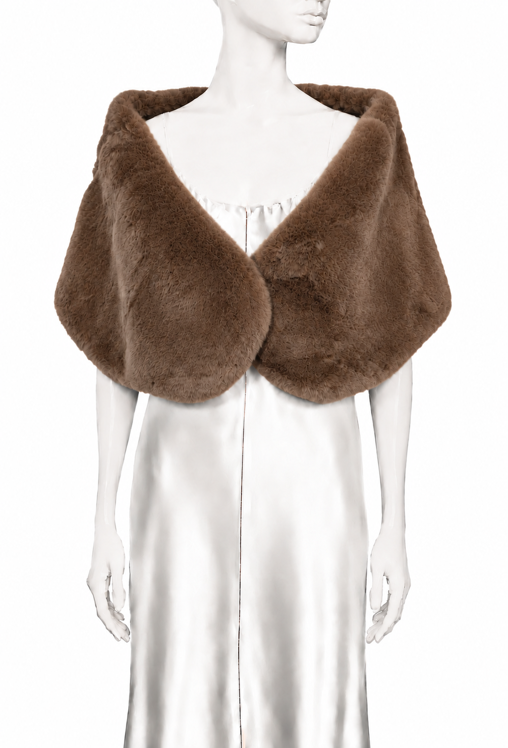 Chocolat faux fur shrug with oversized shawl collar and rounded sleeve cuffs