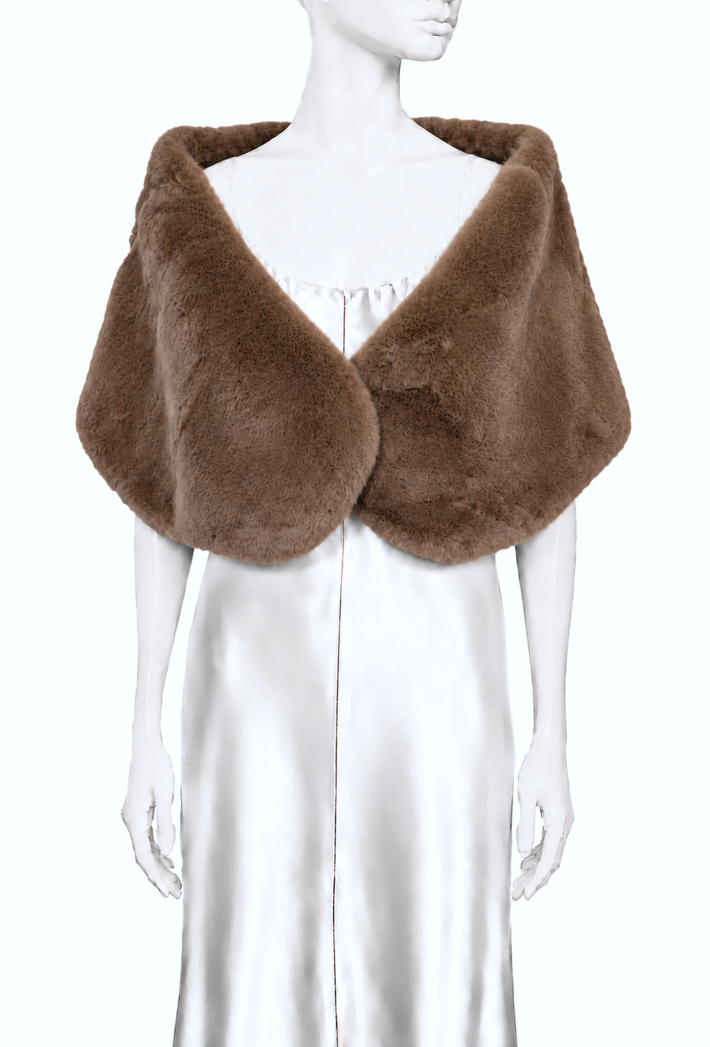 Chocolat faux fur shrug with wide shawl collar and oversized folded cuffs