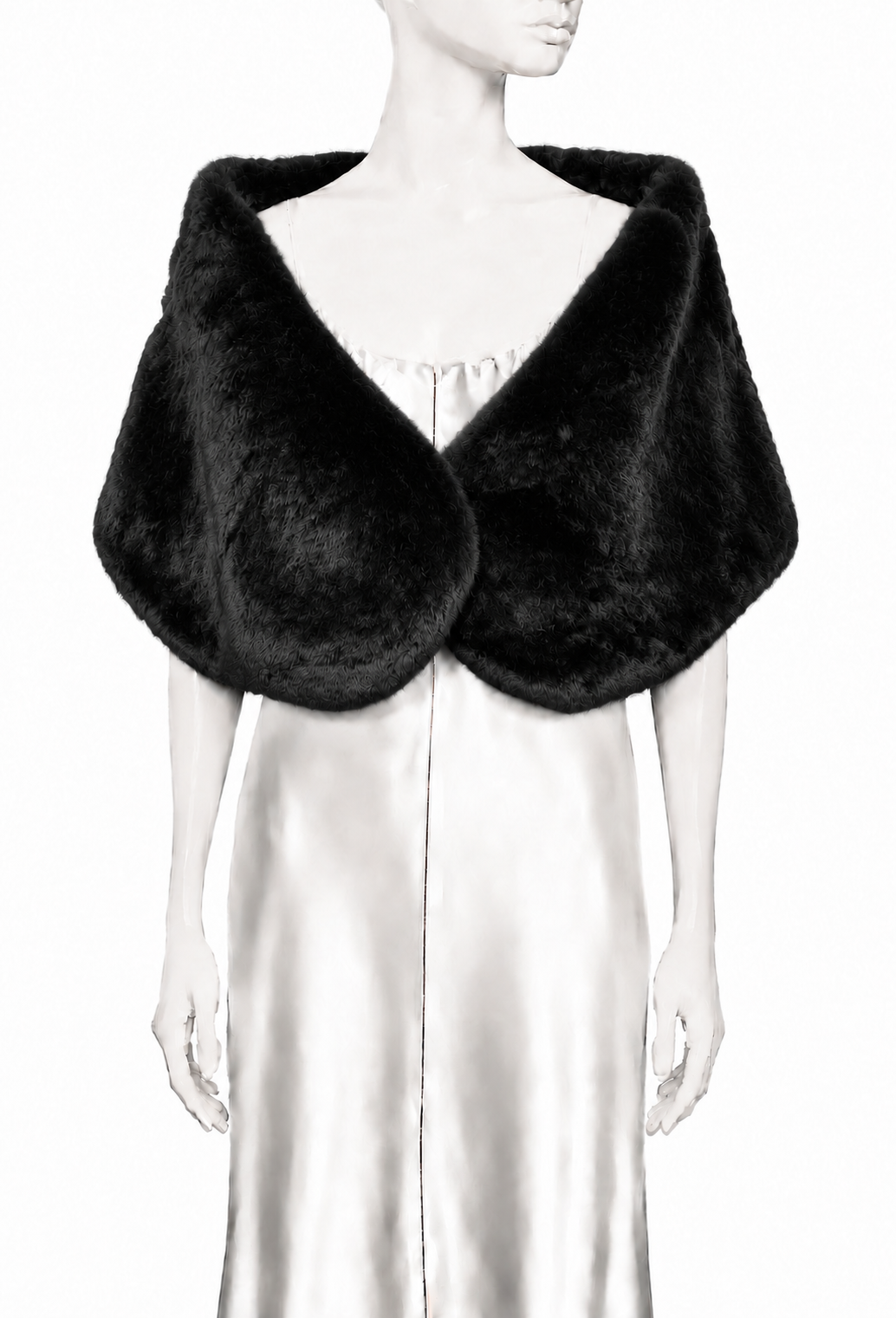Noir faux fur shrug with wide rounded collar and hook-and-eye closure